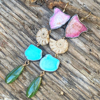 Pink Tourmaline, Ammonite, Golden Hills Turquoise, and Jade Earrings